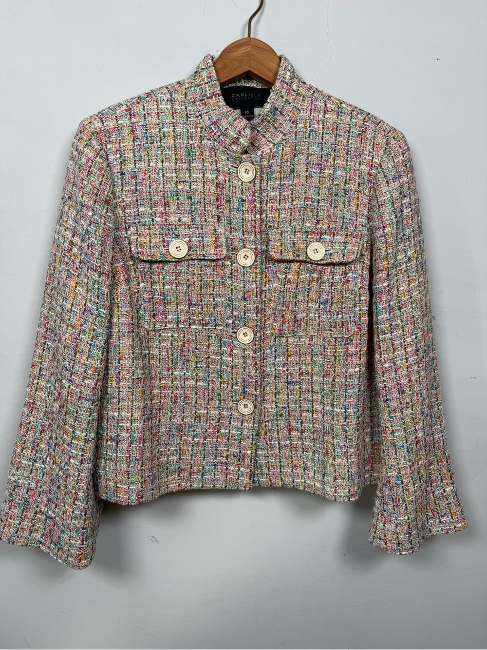 Carlisle Collection Multicolor Tweed Stand Collar Jacket Flap Pockets Womens 10